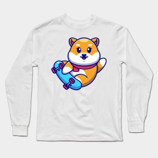 Cute shiba inu dog play skateboard cartoon Long Sleeve T-Shirt